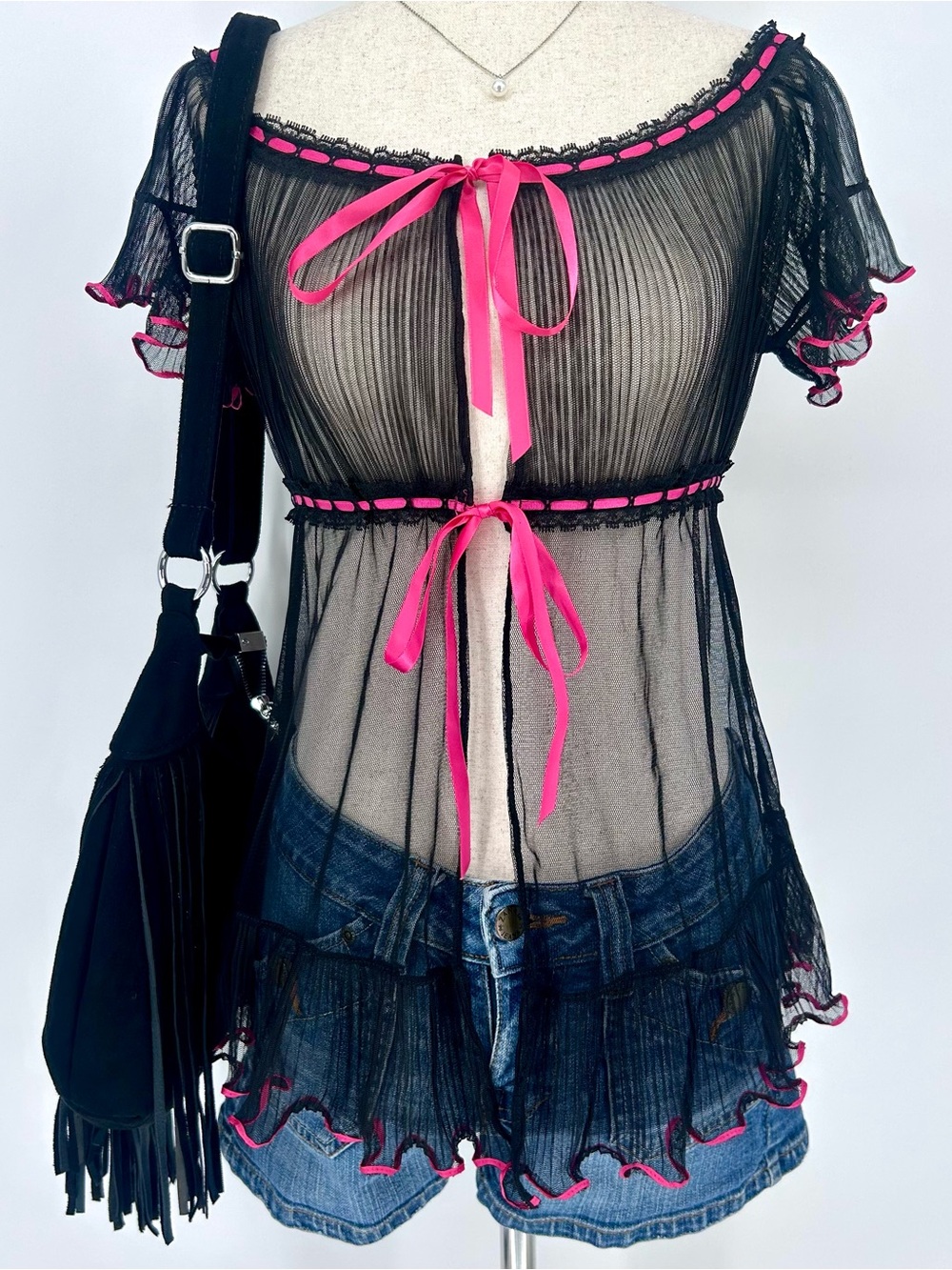 Victoria’s Secret Pink Black Pretty Little Thing Sheer Mesh Bow Babydoll Top